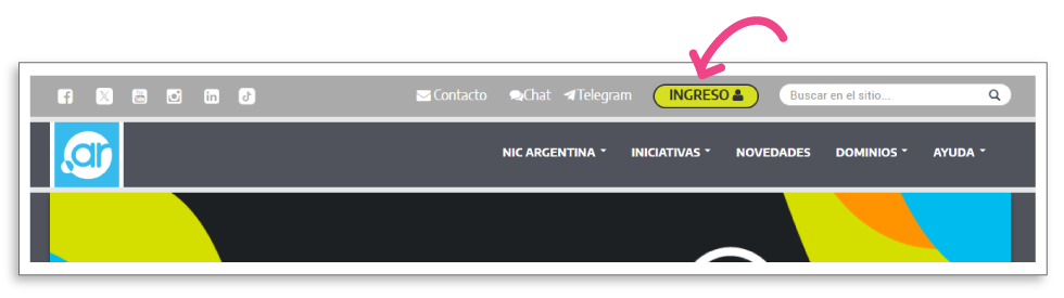 Barra superior del sitio de NIC Argentina donde se señala el botón Ingreso