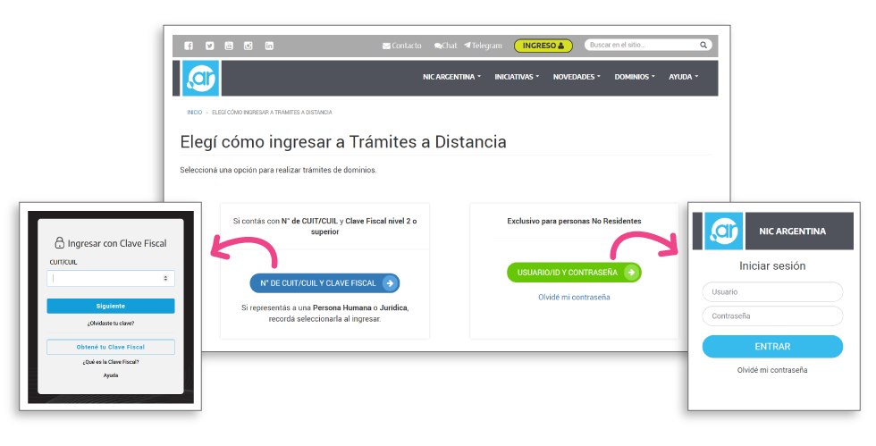 Página Elegí como ingresar a Tramites a Distancia en el sitio web de NIC Argentina se destaca el ingreso con cuit y clave fiscal y el ingreso con usuario y contraseña para personas no residentes