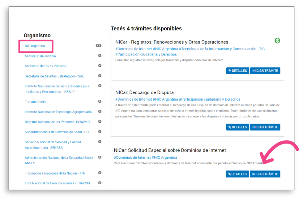 Página INICIAR TRÁMITE de Trámites a Distancia, a la izquierda hay una lista con organismos del estado. El primero es NIC Argentina y está destacado. A la derecha se listan los trámites de NIC Argentina, el tercero y último es NICar - Solicitud de Habilitación de Zonas Especiales y está destacado