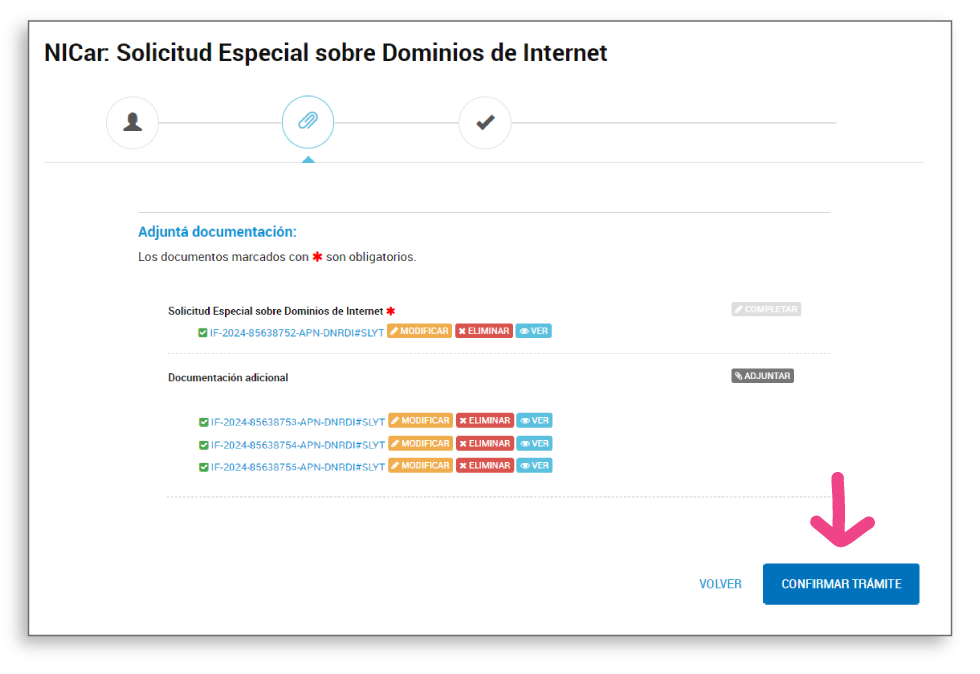 Página adjuntar documentación de Trámites a Distancia. Confirmar Trámite