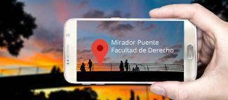 Celular con inscripción de ubicación Mirador Puente Facultad de Derecho