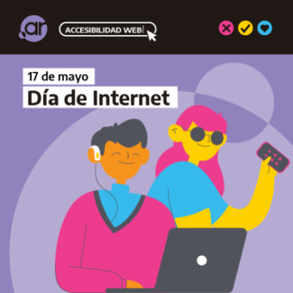 Logo de NIC Argentina. Accesibilidad Web. 17 de mayo Día de Internet. Debajo a la derecha dibujo de dos personajes utilizando computadora y tecnologías asistivas.