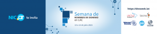 Imagen que dice nic te invita a la semana de nombres de dominio en lac 10 al 13 de julio 2023 y logos de organizadores